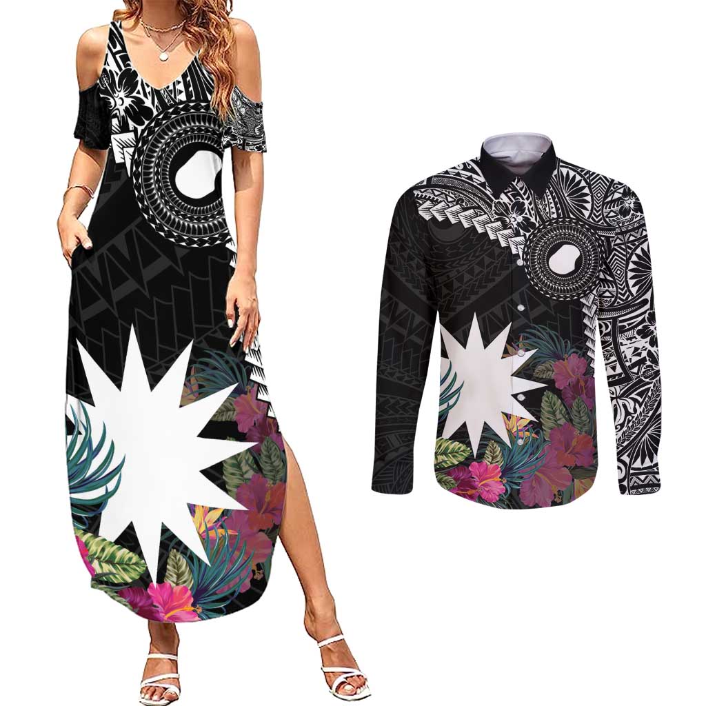 Black Nauru Couples Matching Summer Maxi Dress and Long Sleeve Button Shirt Naoero Map With Polynesian Tropical Flowers LT14 Black - Polynesian Pride