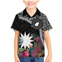 Black Nauru Family Matching Mermaid Dress and Hawaiian Shirt Naoero Map With Polynesian Tropical Flowers