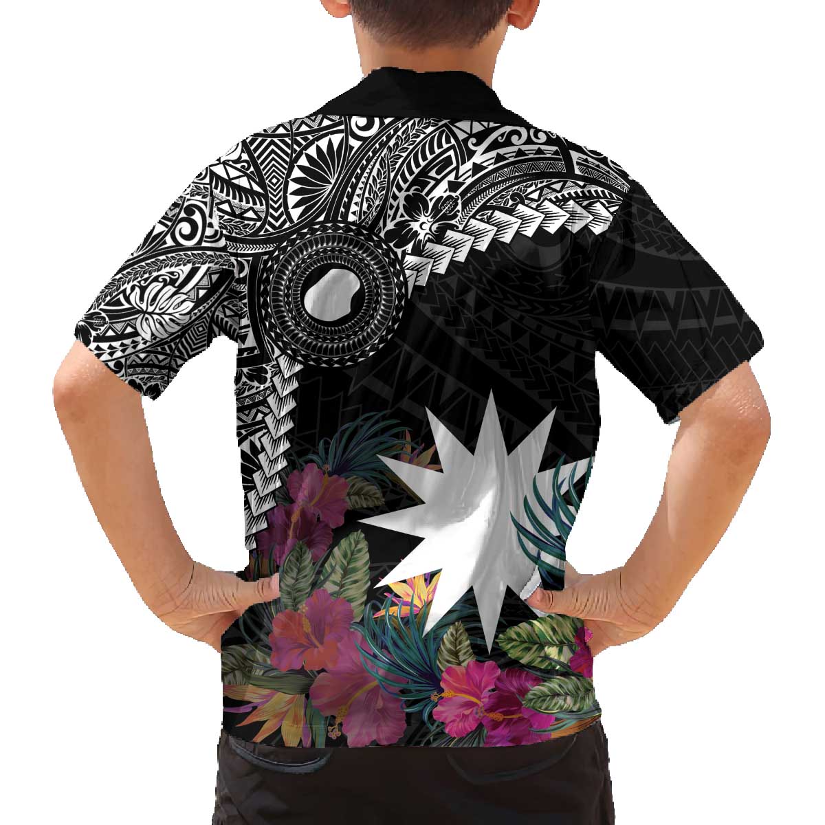 Black Nauru Family Matching Off The Shoulder Long Sleeve Dress and Hawaiian Shirt Naoero Map With Polynesian Tropical Flowers LT14 - Polynesian Pride