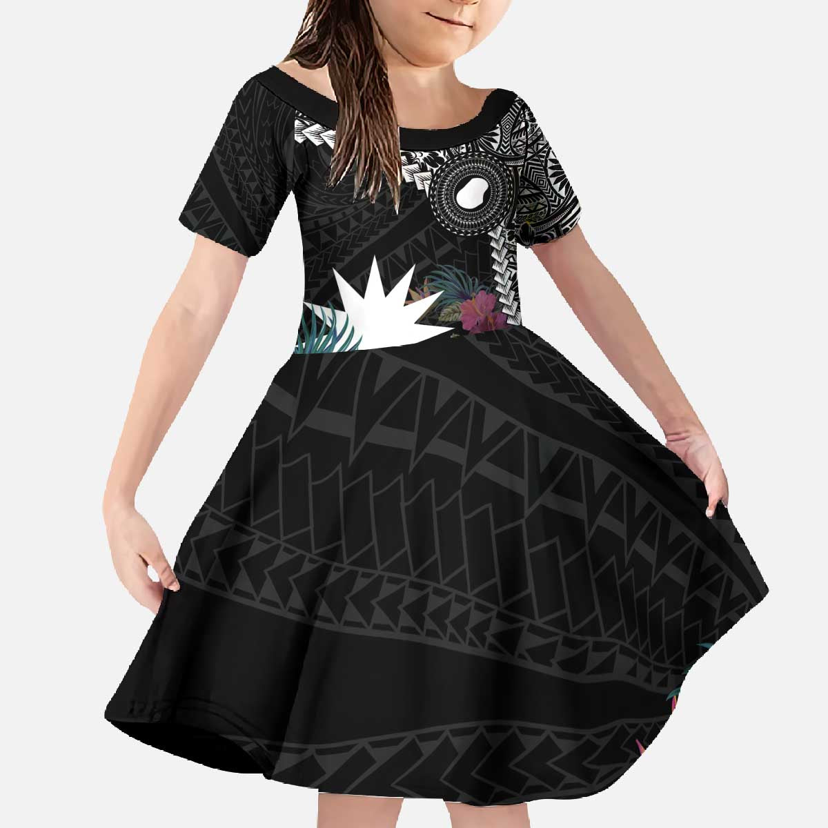 Black Nauru Family Matching Off The Shoulder Long Sleeve Dress and Hawaiian Shirt Naoero Map With Polynesian Tropical Flowers LT14 Daughter's Dress Black - Polynesian Pride