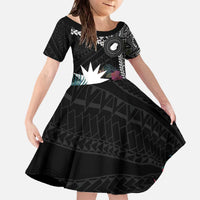 Black Nauru Family Matching Off The Shoulder Long Sleeve Dress and Hawaiian Shirt Naoero Map With Polynesian Tropical Flowers LT14 Daughter's Dress Black - Polynesian Pride