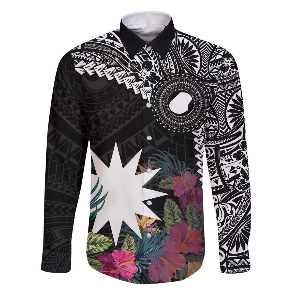 Black Nauru Family Matching Off The Shoulder Long Sleeve Dress and Hawaiian Shirt Naoero Map With Polynesian Tropical Flowers LT14 Dad's Shirt - Long Sleeve Black - Polynesian Pride