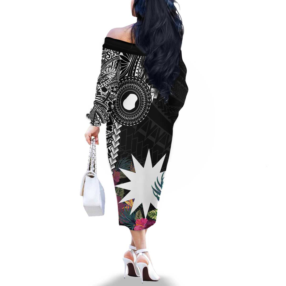 Black Nauru Family Matching Off The Shoulder Long Sleeve Dress and Hawaiian Shirt Naoero Map With Polynesian Tropical Flowers LT14 - Polynesian Pride