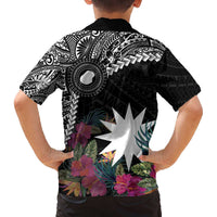 Black Nauru Family Matching Off Shoulder Short Dress and Hawaiian Shirt Naoero Map With Polynesian Tropical Flowers LT14 - Polynesian Pride