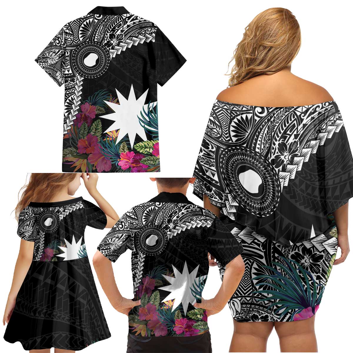 Black Nauru Family Matching Off Shoulder Short Dress and Hawaiian Shirt Naoero Map With Polynesian Tropical Flowers LT14 - Polynesian Pride