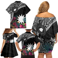 Black Nauru Family Matching Off Shoulder Short Dress and Hawaiian Shirt Naoero Map With Polynesian Tropical Flowers LT14 - Polynesian Pride