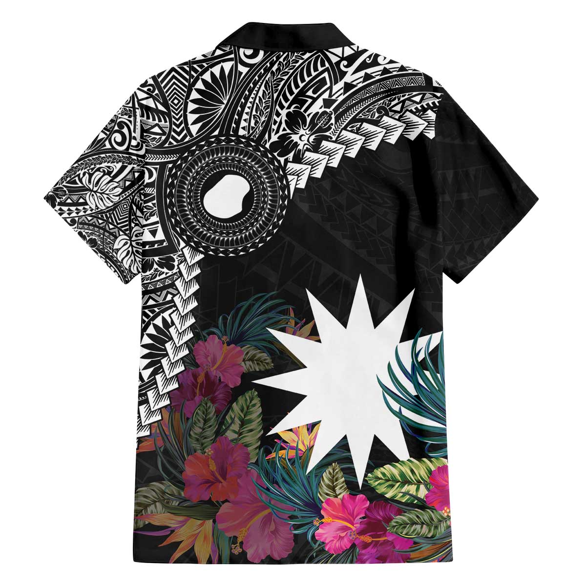 Black Nauru Family Matching Off Shoulder Short Dress and Hawaiian Shirt Naoero Map With Polynesian Tropical Flowers LT14 - Polynesian Pride