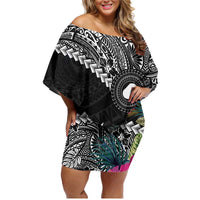 Black Nauru Family Matching Off Shoulder Short Dress and Hawaiian Shirt Naoero Map With Polynesian Tropical Flowers LT14 Mom's Dress Black - Polynesian Pride