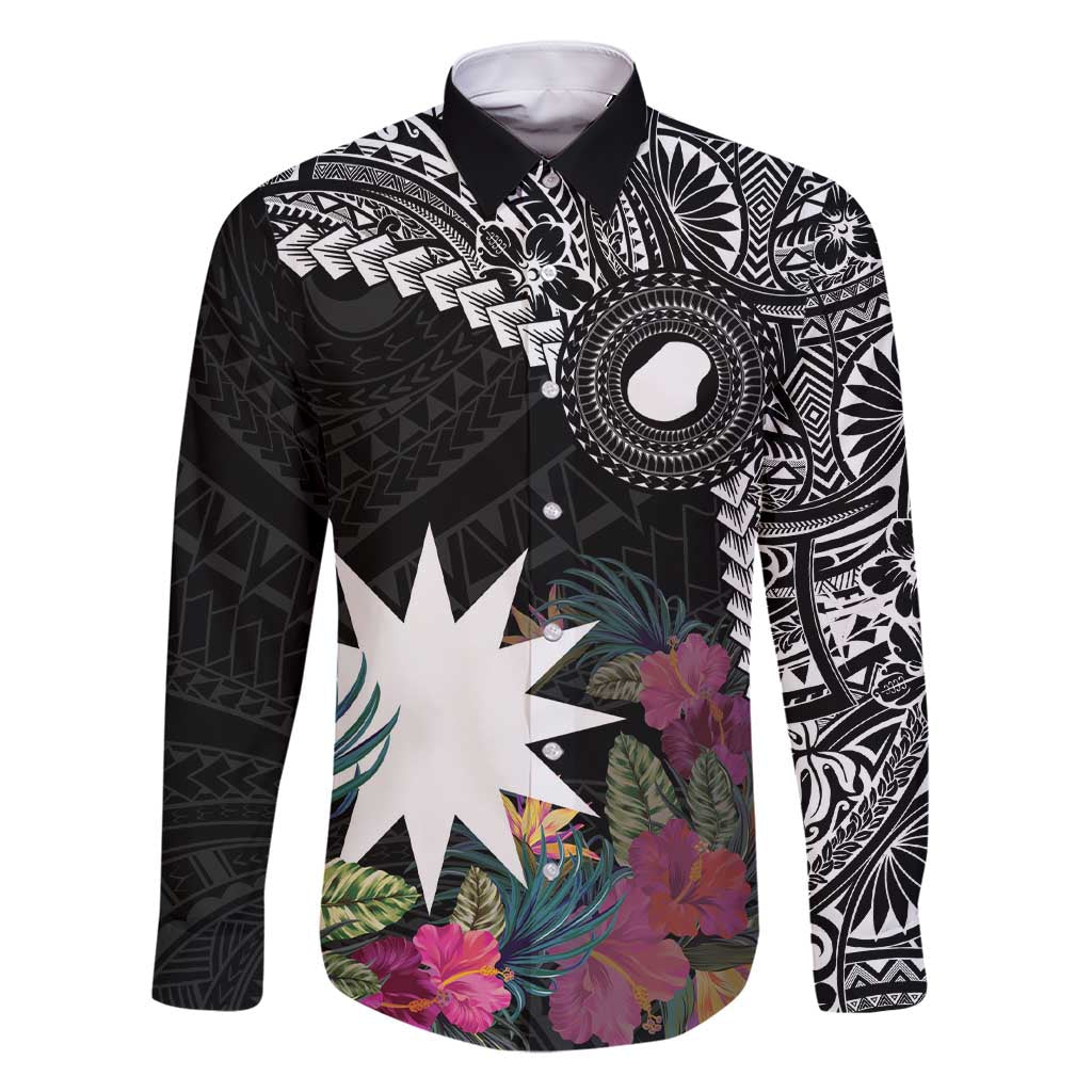 Black Nauru Family Matching Short Sleeve Bodycon Dress and Hawaiian Shirt Naoero Map With Polynesian Tropical Flowers