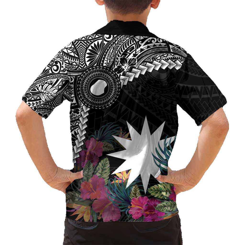 Black Nauru Family Matching Tank Maxi Dress and Hawaiian Shirt Naoero Map With Polynesian Tropical Flowers LT14 - Polynesian Pride