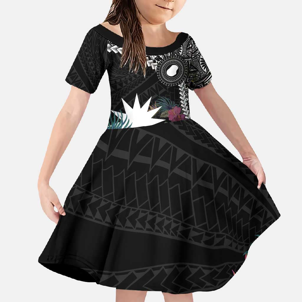Black Nauru Family Matching Tank Maxi Dress and Hawaiian Shirt Naoero Map With Polynesian Tropical Flowers LT14 Daughter's Dress Black - Polynesian Pride
