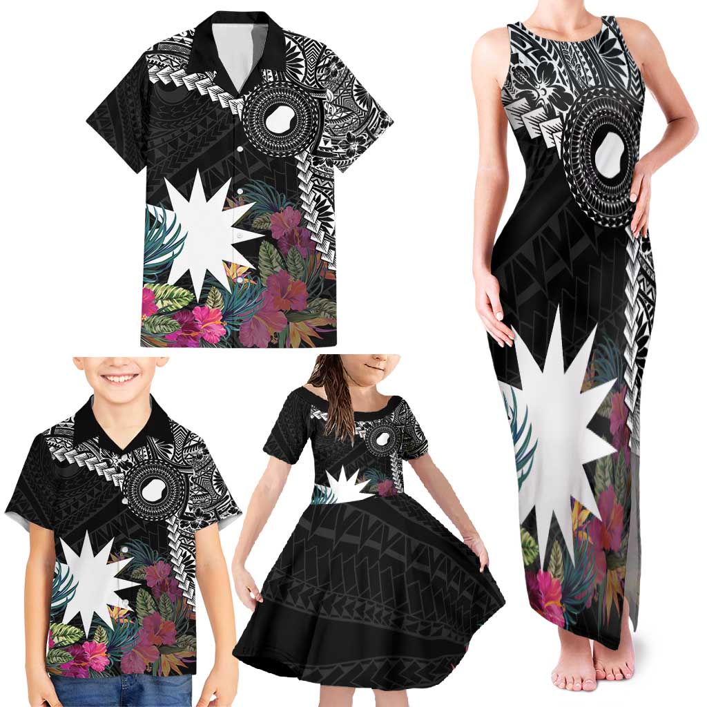 Black Nauru Family Matching Tank Maxi Dress and Hawaiian Shirt Naoero Map With Polynesian Tropical Flowers LT14 - Polynesian Pride