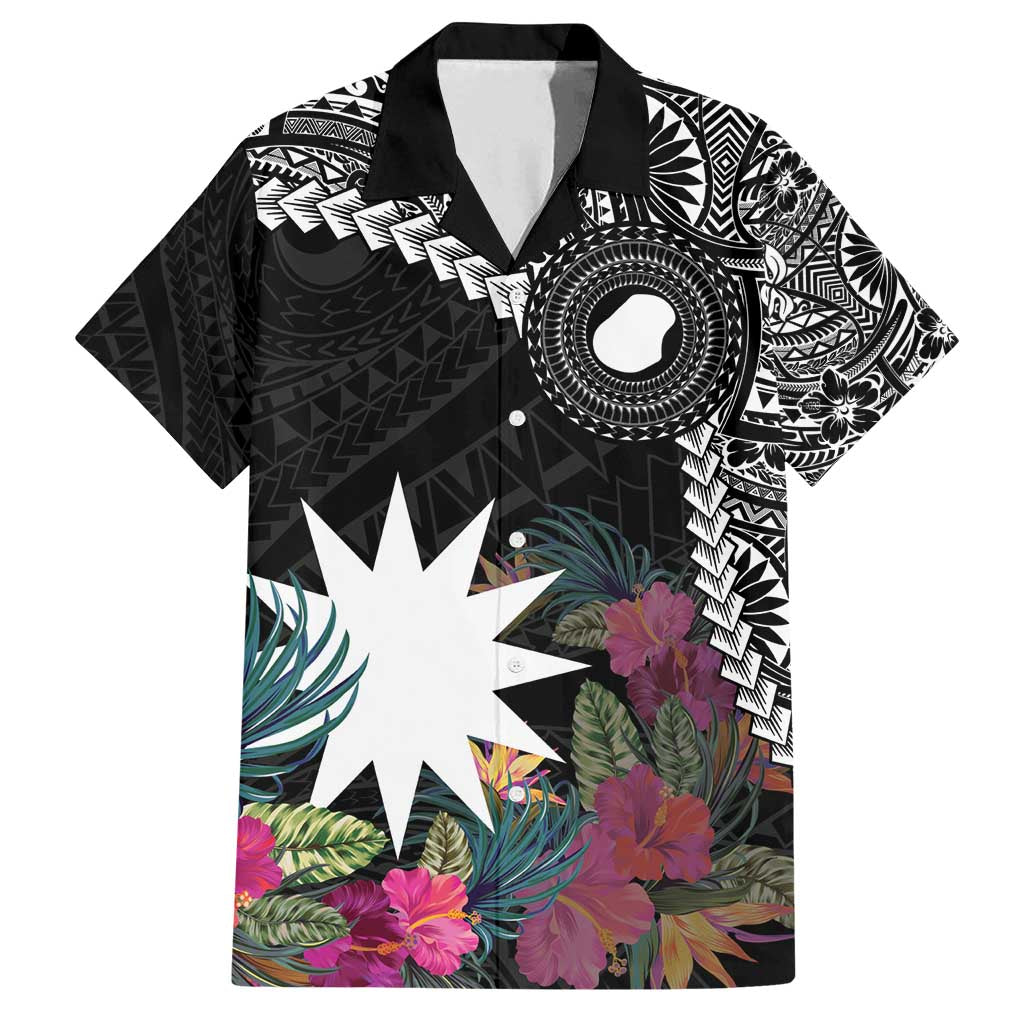 Black Nauru Family Matching Tank Maxi Dress and Hawaiian Shirt Naoero Map With Polynesian Tropical Flowers LT14 Dad's Shirt - Short Sleeve Black - Polynesian Pride