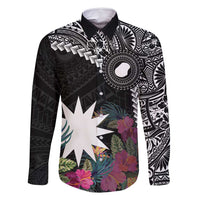 Black Nauru Family Matching Tank Maxi Dress and Hawaiian Shirt Naoero Map With Polynesian Tropical Flowers LT14 Dad's Shirt - Long Sleeve Black - Polynesian Pride