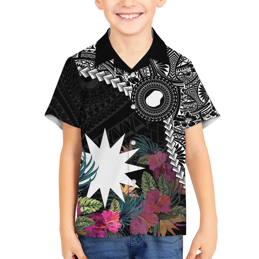 Black Nauru Family Matching Tank Maxi Dress and Hawaiian Shirt Naoero Map With Polynesian Tropical Flowers LT14 Son's Shirt Black - Polynesian Pride
