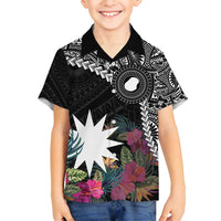Black Nauru Family Matching Tank Maxi Dress and Hawaiian Shirt Naoero Map With Polynesian Tropical Flowers LT14 Son's Shirt Black - Polynesian Pride