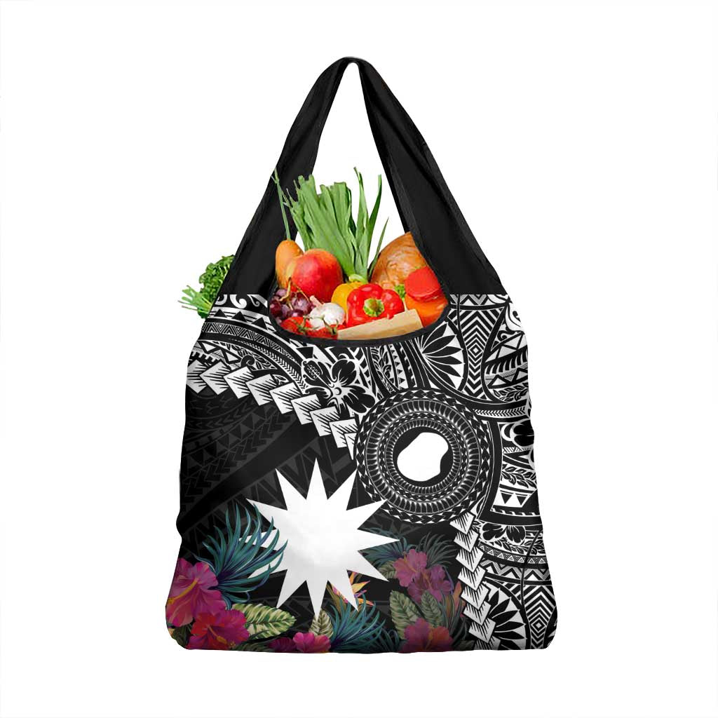 Black Nauru Grocery Bag Naoero Map With Polynesian Tropical Flowers LT14 1-pack One Size Black - Polynesian Pride
