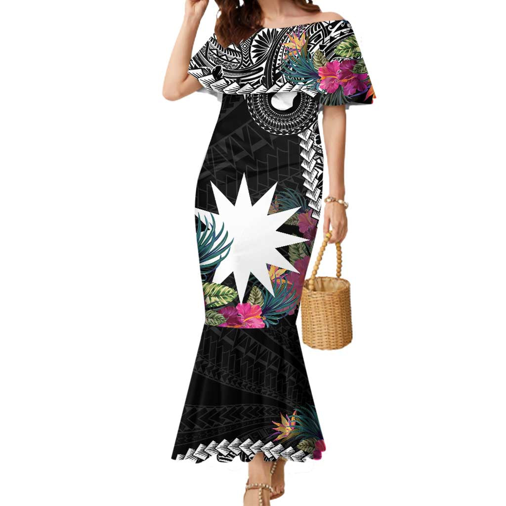 Black Nauru Mermaid Dress Naoero Map With Polynesian Tropical Flowers LT14 Women Black - Polynesian Pride