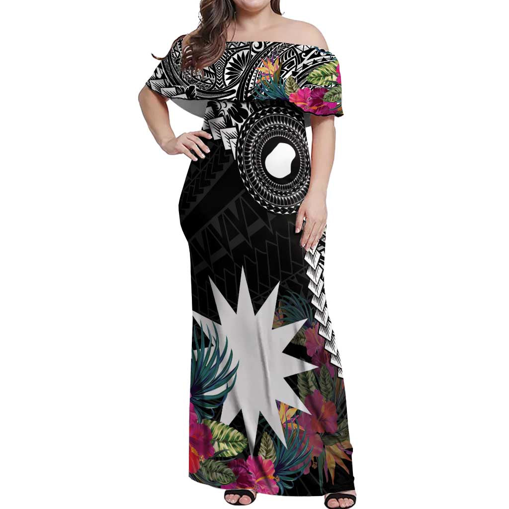 Black Nauru Off Shoulder Maxi Dress Naoero Map With Polynesian Tropical Flowers LT14 Women Black - Polynesian Pride