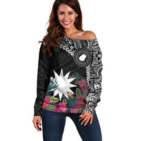 Black Nauru Off Shoulder Sweater Naoero Map With Polynesian Tropical Flowers LT14 Women Black - Polynesian Pride