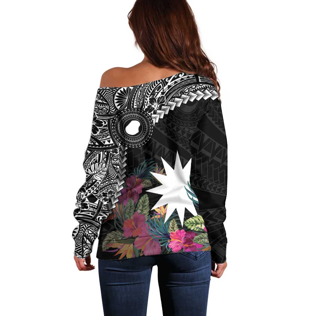Black Nauru Off Shoulder Sweater Naoero Map With Polynesian Tropical Flowers LT14 - Polynesian Pride