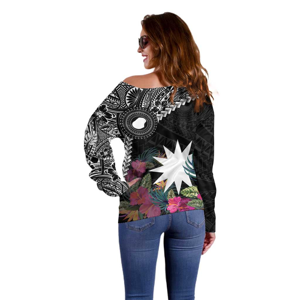 Black Nauru Off Shoulder Sweater Naoero Map With Polynesian Tropical Flowers LT14 - Polynesian Pride