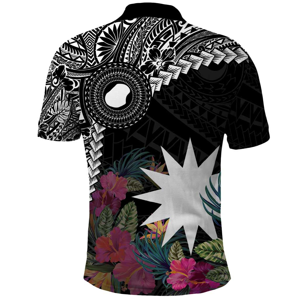 Black Nauru Polo Shirt Naoero Map With Polynesian Tropical Flowers