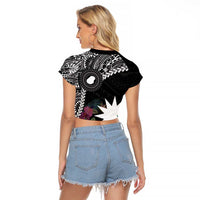 Black Nauru Raglan Cropped T Shirt Naoero Map With Polynesian Tropical Flowers
