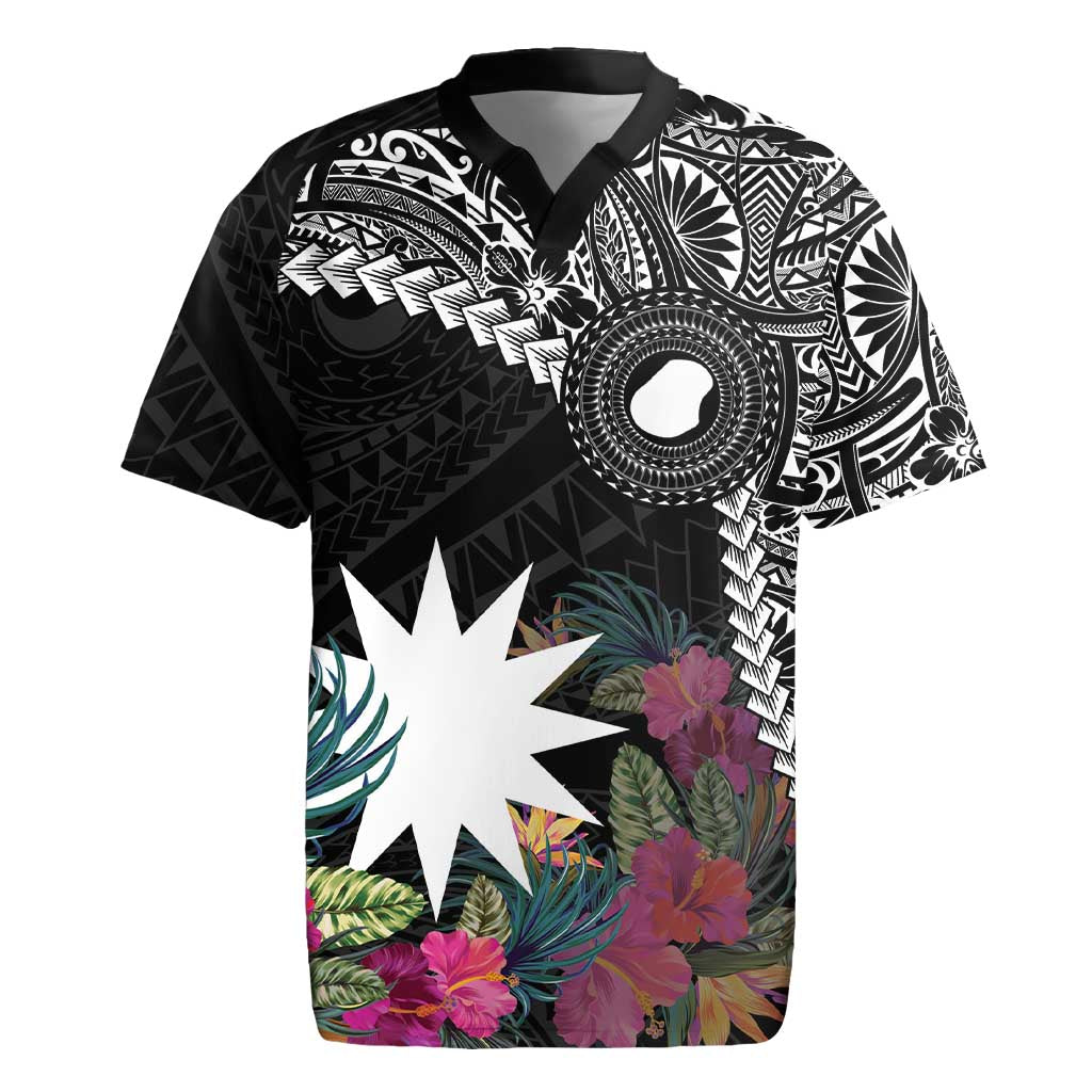 Black Nauru Rugby Jersey Naoero Map With Polynesian Tropical Flowers LT14 Black - Polynesian Pride