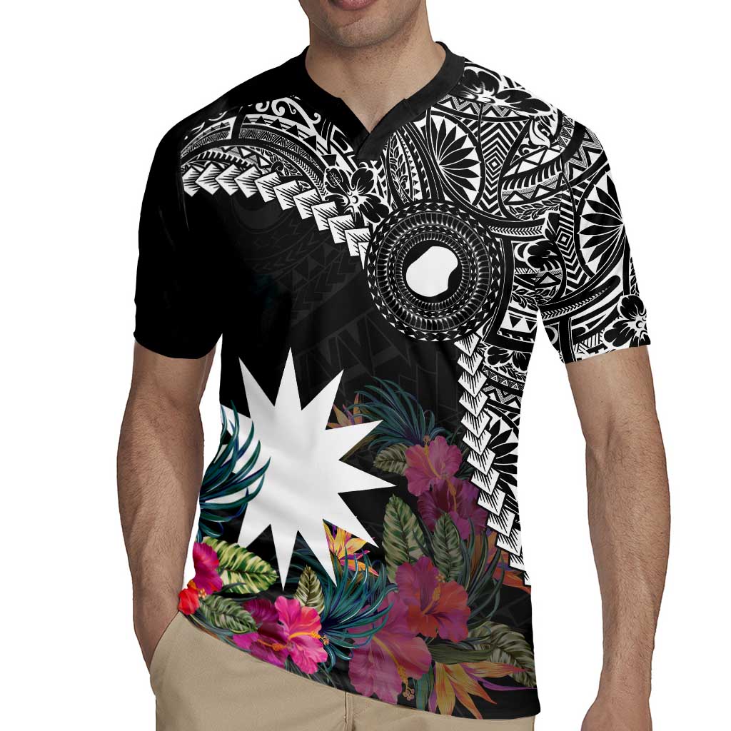 Black Nauru Rugby Jersey Naoero Map With Polynesian Tropical Flowers LT14 - Polynesian Pride