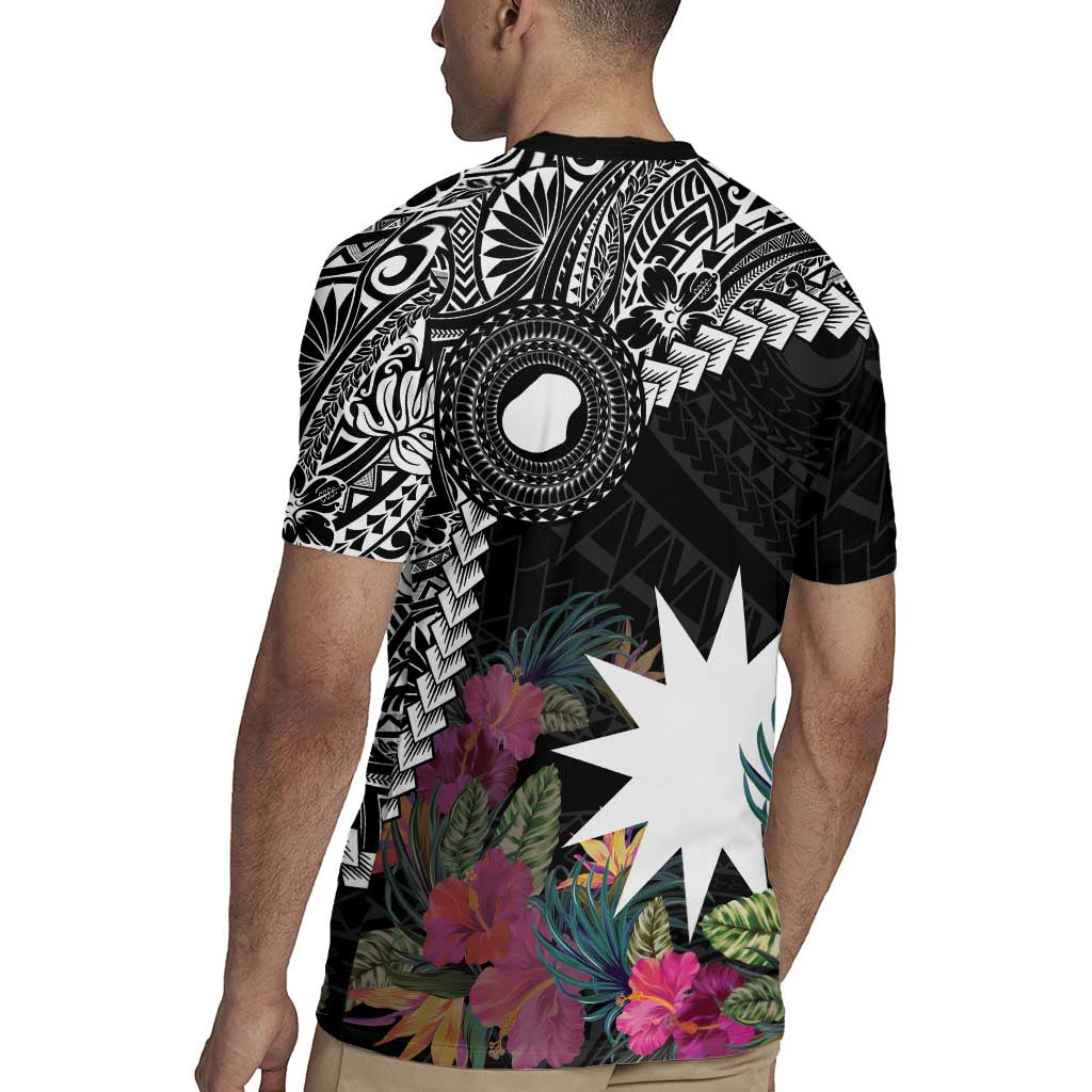 Black Nauru Rugby Jersey Naoero Map With Polynesian Tropical Flowers LT14 - Polynesian Pride