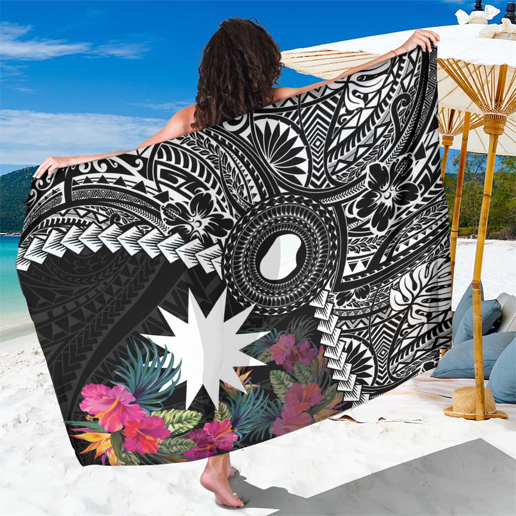 Black Nauru Sarong Naoero Map With Polynesian Tropical Flowers LT14 One Size 44 x 66 inches Black - Polynesian Pride