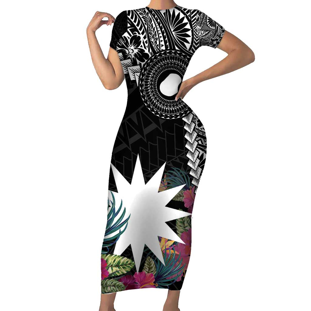 Black Nauru Short Sleeve Bodycon Dress Naoero Map With Polynesian Tropical Flowers LT14 Long Dress Black - Polynesian Pride