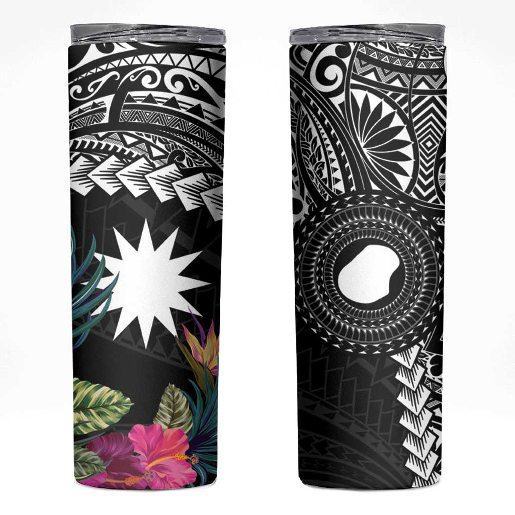 Black Nauru Skinny Tumbler Naoero Map With Polynesian Tropical Flowers LT14 Black - Polynesian Pride