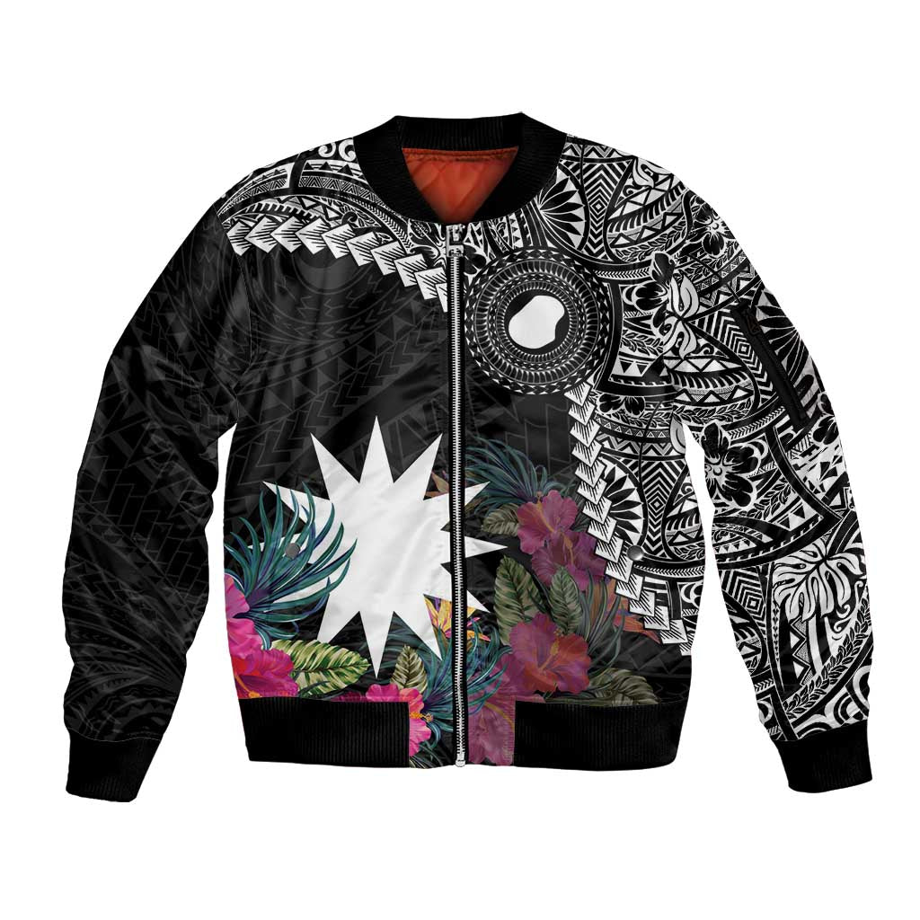 Black Nauru Sleeve Zip Bomber Jacket Naoero Map With Polynesian Tropical Flowers LT14 Unisex Black - Polynesian Pride