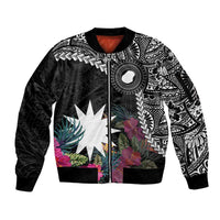 Black Nauru Sleeve Zip Bomber Jacket Naoero Map With Polynesian Tropical Flowers LT14 Unisex Black - Polynesian Pride