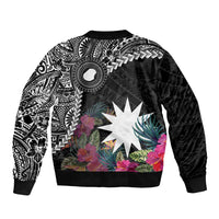 Black Nauru Sleeve Zip Bomber Jacket Naoero Map With Polynesian Tropical Flowers LT14 - Polynesian Pride