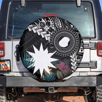 Black Nauru Spare Tire Cover Naoero Map With Polynesian Tropical Flowers LT14 Black - Polynesian Pride