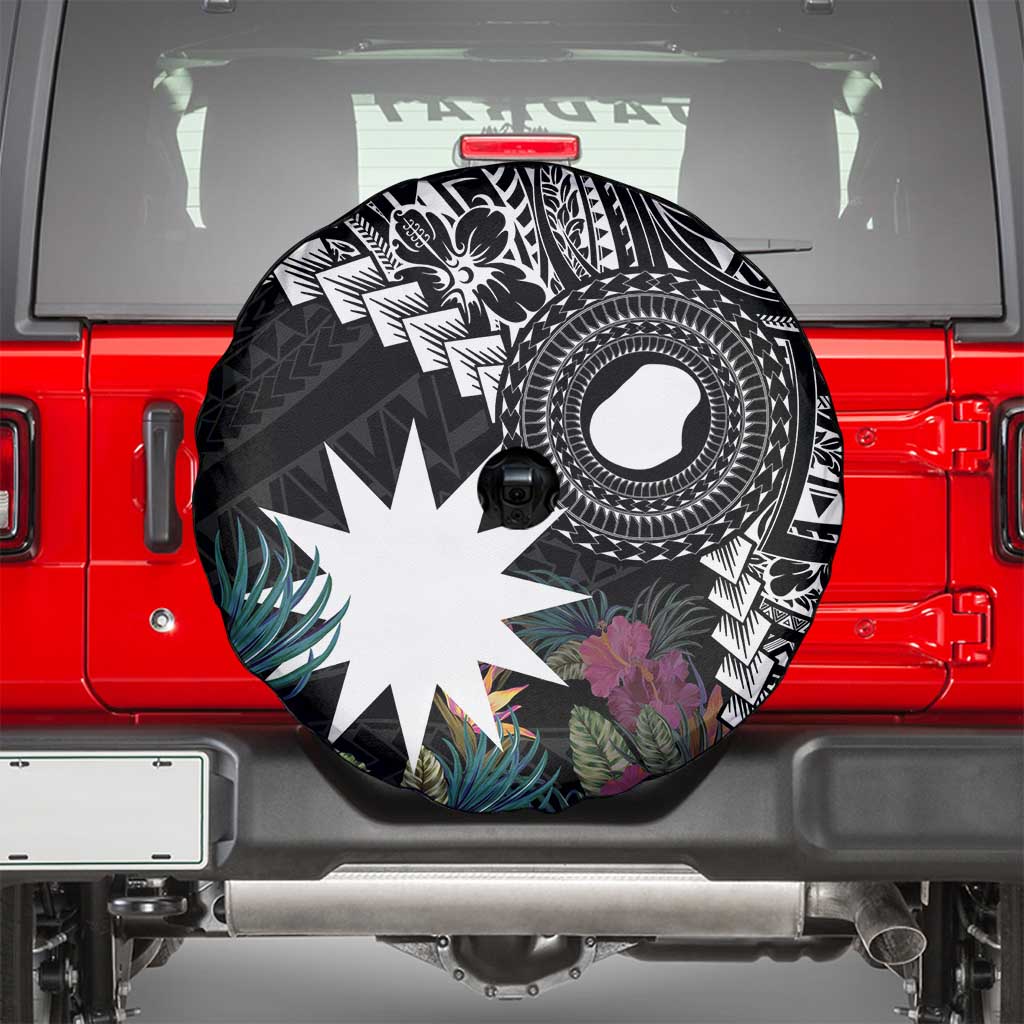 Black Nauru Spare Tire Cover Naoero Map With Polynesian Tropical Flowers LT14 - Polynesian Pride