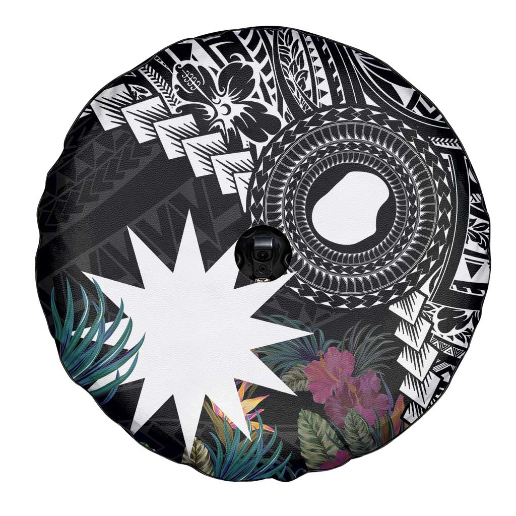 Black Nauru Spare Tire Cover Naoero Map With Polynesian Tropical Flowers LT14 - Polynesian Pride