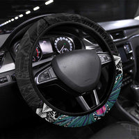 Black Nauru Steering Wheel Cover Naoero Map With Polynesian Tropical Flowers LT14 Universal Fit Black - Polynesian Pride