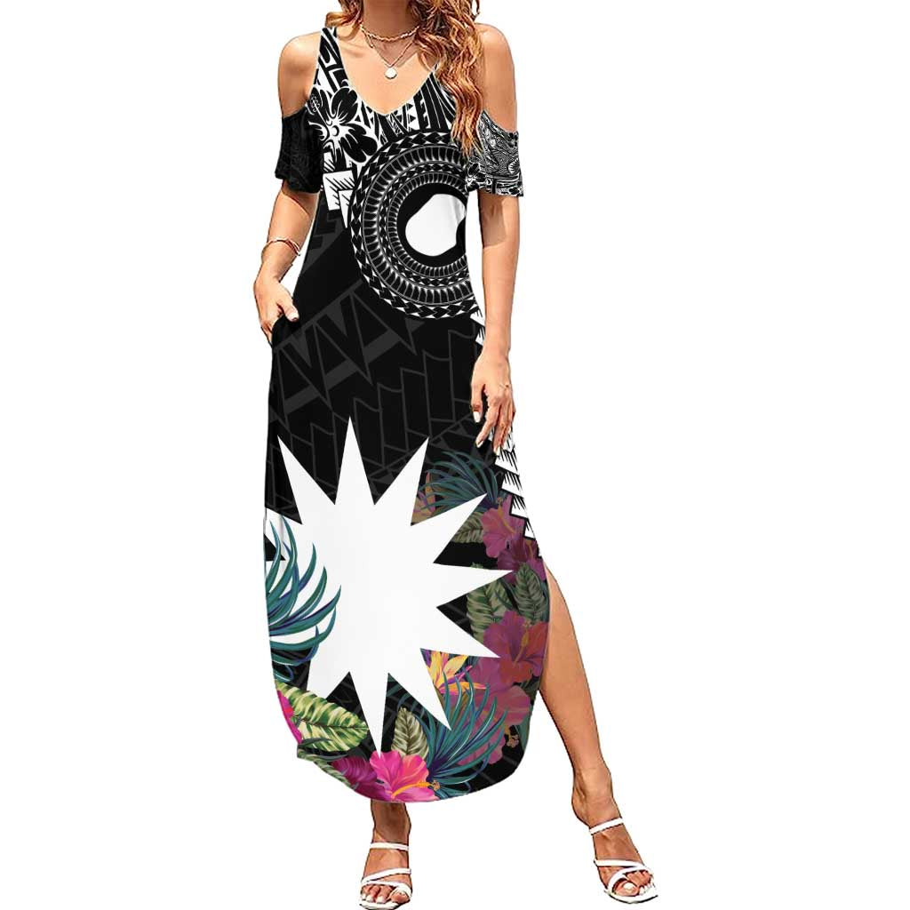 Black Nauru Summer Maxi Dress Naoero Map With Polynesian Tropical Flowers LT14 Women Black - Polynesian Pride