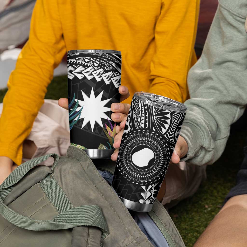 Black Nauru Tumbler Cup Naoero Map With Polynesian Tropical Flowers
