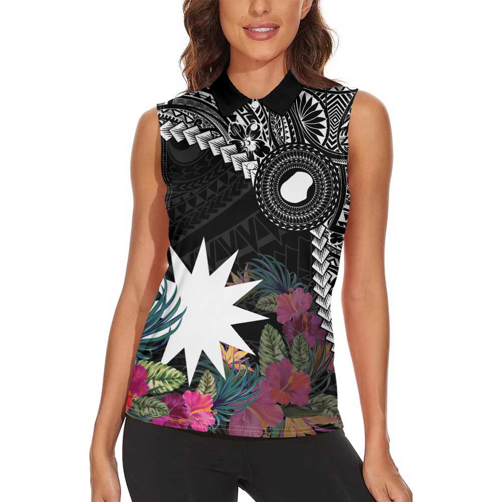 Black Nauru Women Sleeveless Polo Shirt Naoero Map With Polynesian Tropical Flowers