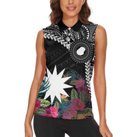 Black Nauru Women Sleeveless Polo Shirt Naoero Map With Polynesian Tropical Flowers