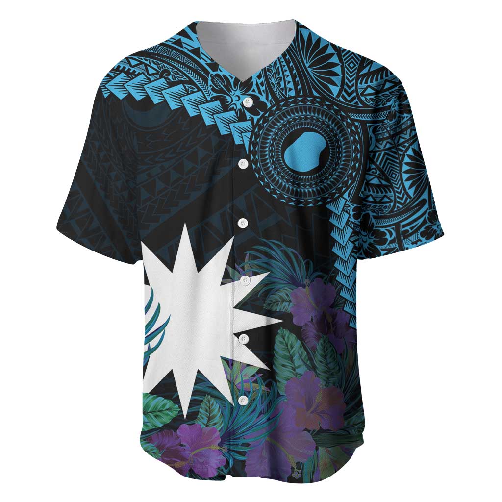 Blue Nauru Baseball Jersey Naoero Map With Polynesian Tropical Flowers LT14 Blue - Polynesian Pride