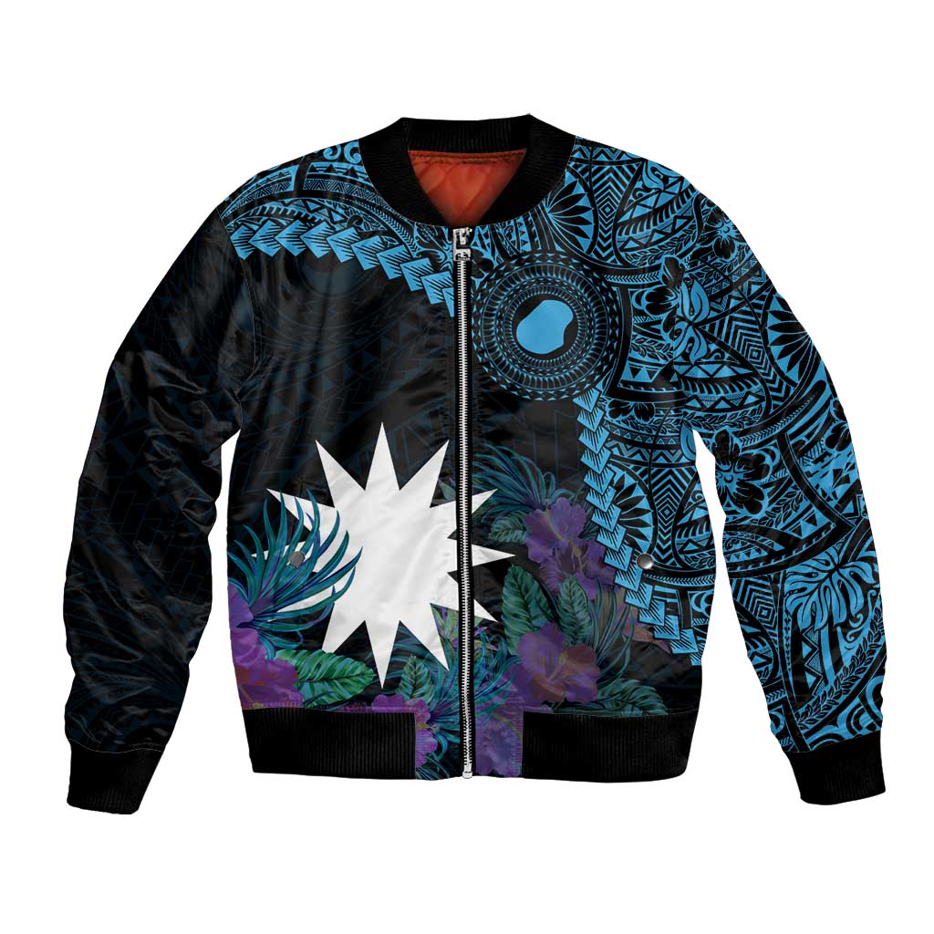 Blue Nauru Bomber Jacket Naoero Map With Polynesian Tropical Flowers LT14 Unisex Blue - Polynesian Pride