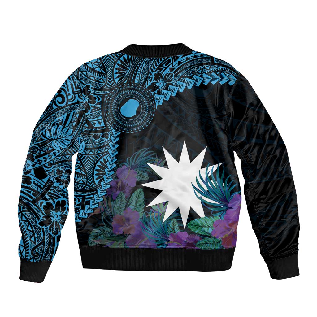 Blue Nauru Bomber Jacket Naoero Map With Polynesian Tropical Flowers LT14 - Polynesian Pride
