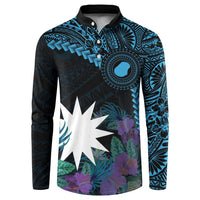 Blue Nauru Button Sweatshirt Naoero Map With Polynesian Tropical Flowers LT14 Blue - Polynesian Pride