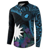 Blue Nauru Button Sweatshirt Naoero Map With Polynesian Tropical Flowers LT14 - Polynesian Pride